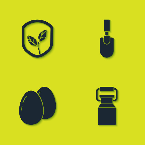 设置盾牌与叶子，牛奶容器，鸡蛋和花园泥铲铲图标。向量图片下载