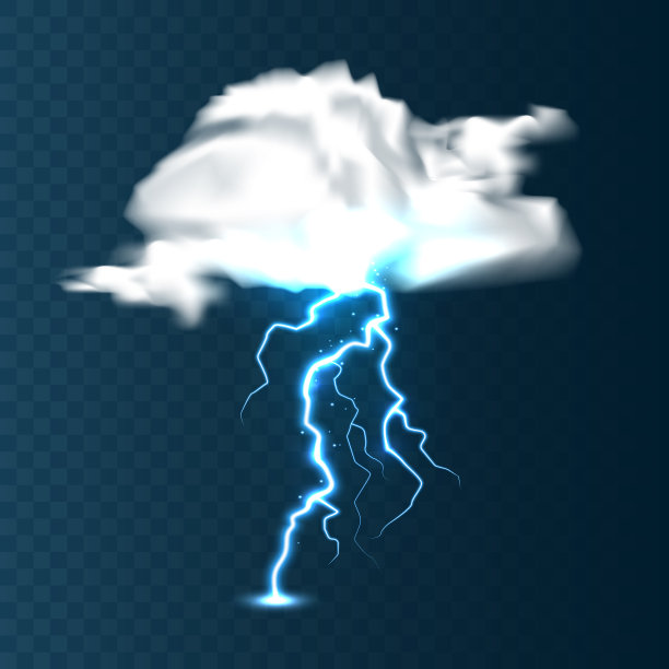 真实的云与闪电在蓝色的背景。雷雨和闪电。光的火花。暴风雨天气效果。矢量图图片下载