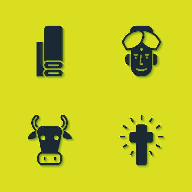 设置印度纺织织物，基督教十字架，牛和人的图标。向量图片下载