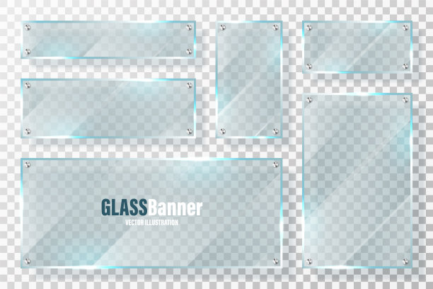 玻璃框架与金属支架收集。逼真的透明玻璃横幅与眩光。模型设计元素。矢量图图片下载