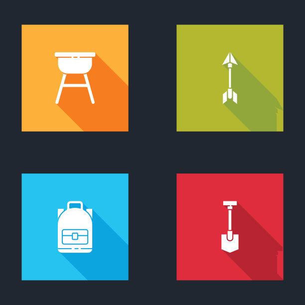 设置烧烤架，潮人箭头，徒步背包和铲子图标。向量图片下载