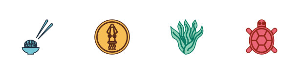 将寿司，章鱼放在盘子里，海藻和乌龟的图标。向量图片下载