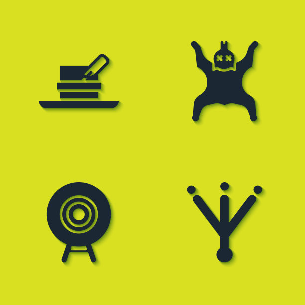 设置猎人帽子与羽毛，鸟的足迹，目标运动和熊的皮肤图标。向量图片下载