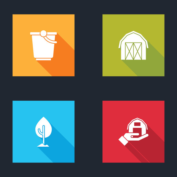设置桶，农舍，树和手的图标。向量图片下载