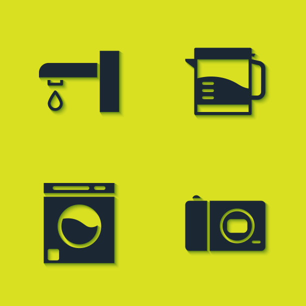 设置水龙头、相机、洗衣机和电热水壶图标。向量图片下载