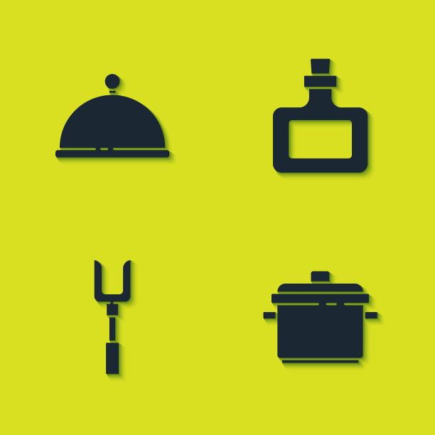 设置覆盖托盘，烹饪锅，烧烤叉和酱瓶图标。向量图片下载