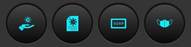 手与病毒，剪贴板血液检测结果，肥皂条和医用防护口罩图标。向量图片下载
