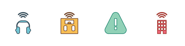 设置智能耳机，浴室秤，感叹号在三角形和家与无线图标。向量图片下载