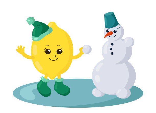 有趣的微笑可爱的卡哇伊柠檬与冬季鞋和温暖的帽子做一个雪人。图片下载