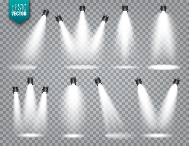 向量焦点集。明亮的光束。透明的现实效果。舞台灯光。聚光灯照亮工作室图片下载