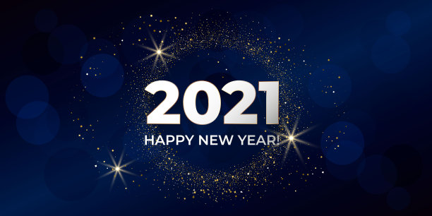 2021年新年快乐。贺卡与金色闪烁的圆形在蓝色的背景。节日邀请函，横幅，海报。矢量插图。图片下载