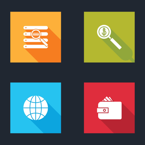 设置搜索在浏览器窗口，放大镜和美元，全球和钱包与纸币现金图标。向量图片下载