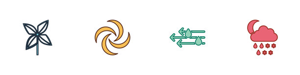 设置风车，龙卷风，风，雨和云与雪，雨，月亮图标。向量图片下载
