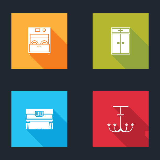 设置厨房洗碗机，衣柜，三角钢琴和吊灯图标。向量图片下载
