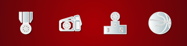 设置篮球奖章，比赛门票，体育赢家领奖台和图标。向量图片下载