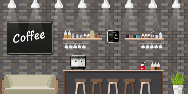 一个现代咖啡店的内部。空无一人的咖啡馆，餐厅。平的风格。的背景图片。向量图片下载