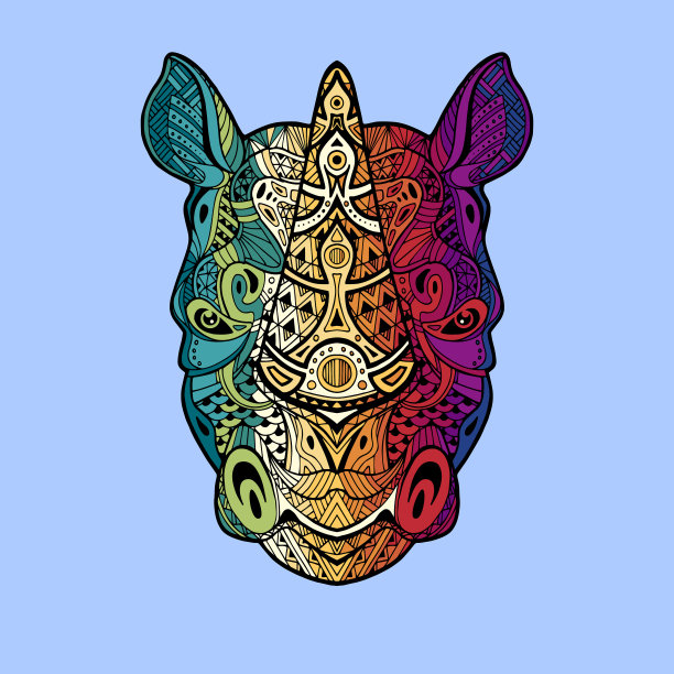 犀牛头的详细风格。Zentangle犀牛。矢量模式的部落设计。几何民族图案菱形，三角形。图形的风格。犀牛用于印刷，网，纺织，包装纸。图片下载