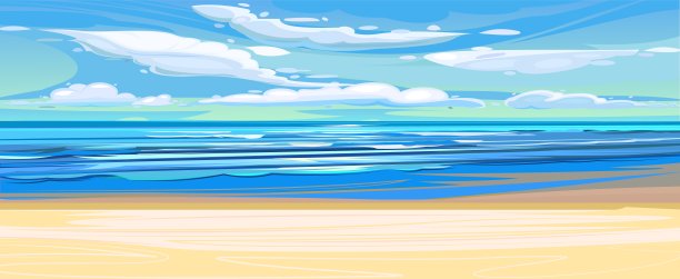 海的海岸景观。平面插画风格。海边的沙滩，夏日的天空和遥远的地平线。向量图片下载