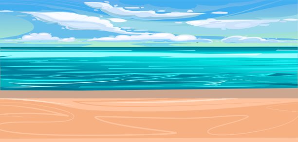 海的海岸景观。平面插画风格。海边的沙滩，夏日的天空和遥远的地平线。向量图片下载