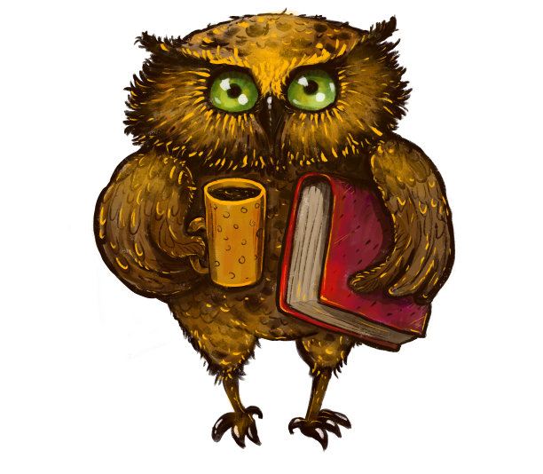 一只可爱的棕色猫头鹰的插画，手里拿着一个杯子，另一只手里拿着一本书，站着看镜头图片下载