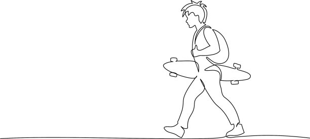 一个带着长滑板走路的小男孩图片下载