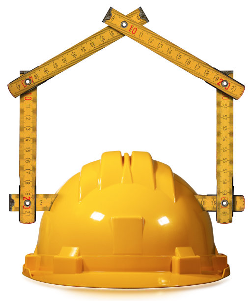 房子形状的折尺和黄色安全帽图片下载