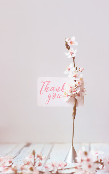 白色木质背景上的野樱花和写着“谢谢”的纸条图片下载