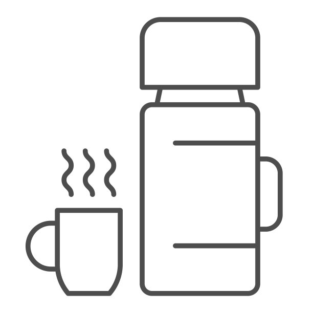 热水瓶和杯子上有热饮的细线图标图片下载