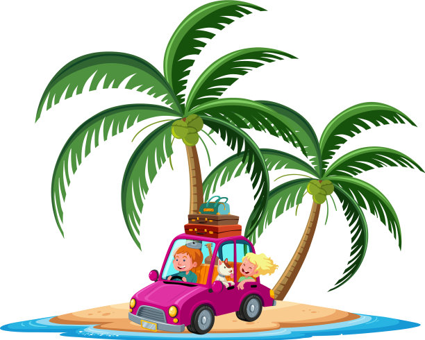 旅游汽车在热带岛屿卡通图片下载