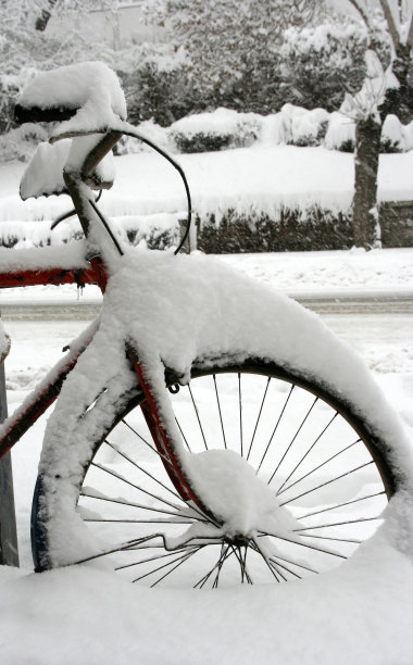 冰雪覆盖的自行车。冬天的一天。图片下载