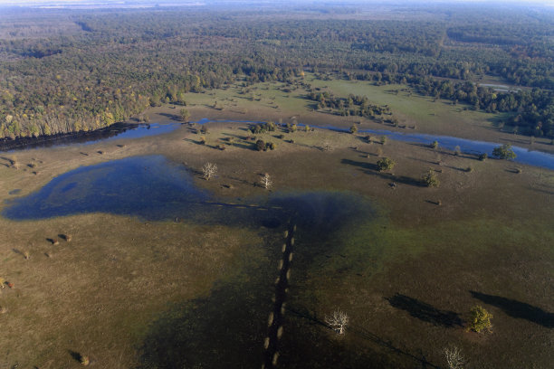 克罗地亚隆伊斯科波列洪水泛滥平原的航拍镜头图片下载