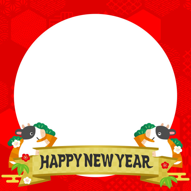 牛的插图与彩带在一个红色的框架构成了日本牛年的各种日本图案图片下载