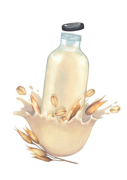 水彩玻璃瓶的植物为基础的牛奶装饰飞溅和燕麦图片下载