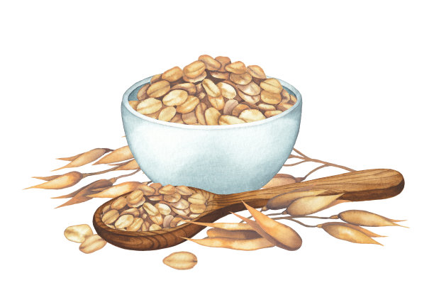 水彩木勺和燕麦碗周围的谷物。图片下载