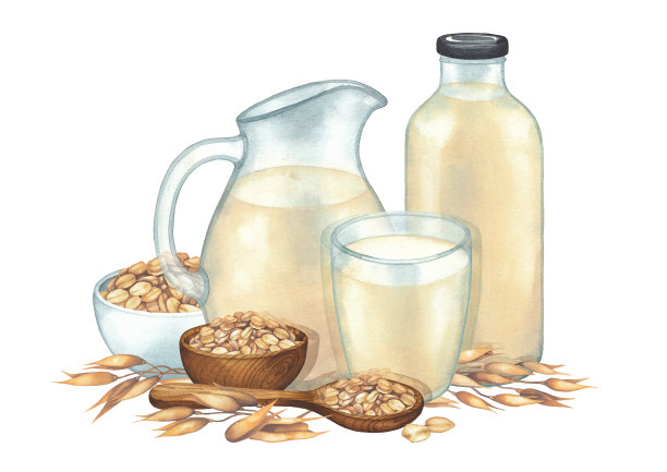 水彩玻璃，罐子和瓶子的植物牛奶包围勺子和燕麦碗图片下载