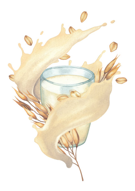 水彩牛奶流和燕麦流周围的玻璃。图片下载