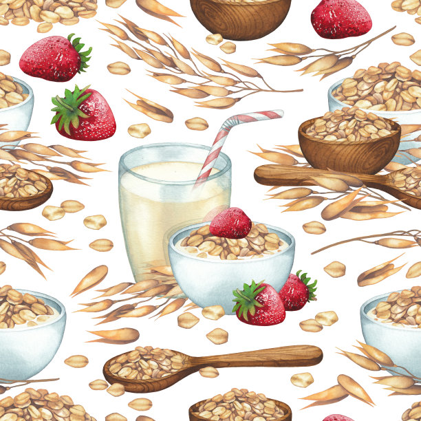 水彩杯的植物牛奶周围的碗燕麦，飞溅，谷物和草莓。图片下载