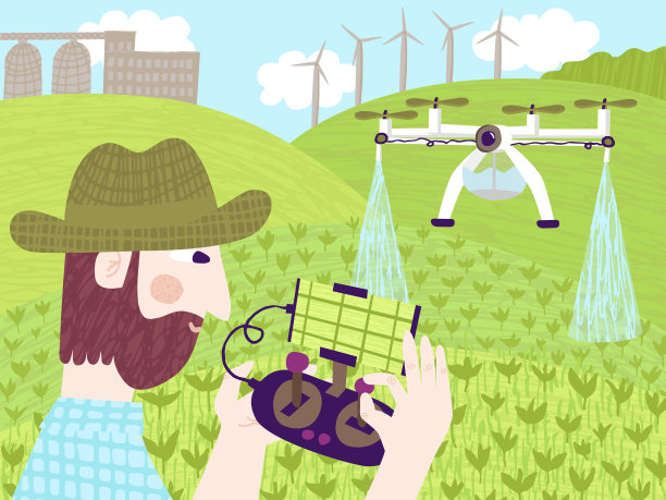 戴着帽子的白人农民控制着一架喷洒农田的无人机。农业和技术概念。图片下载