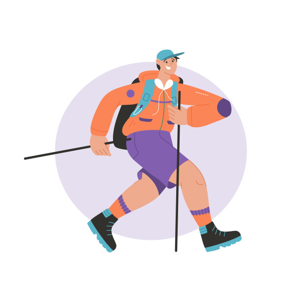 微笑的男人带着登山杖和背包徒步旅行图片下载