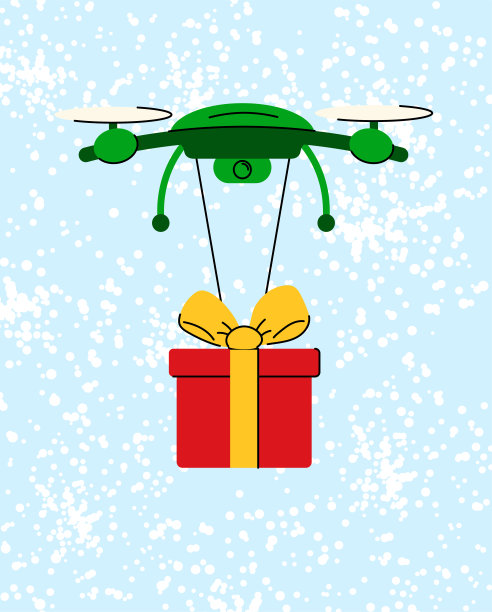 非接触式交付。在天空的背景下，无人机携带着礼物在空中飞行。节日的概念。在线交付。向量图片下载