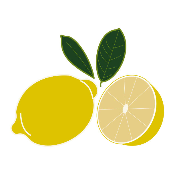 一个柠檬是整个的，用两片叶子切。手绘向量。柠檬黄色的图标。维生素C，饮食，健康饮食。预防感冒。茶叶中的调味食品添加剂。对于教程，博客，打印。图片下载