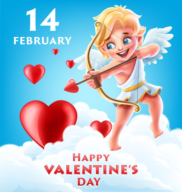 情人节横幅绘有丘比特天使、箭和心图片下载