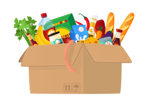 食物盒孤立的白色背景。装满不同食物的纸箱，杂货生产，蔬菜，面包图片下载