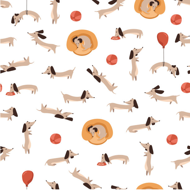 儿童无缝图案与腊肠狗在白色背景卡通风格。可爱的纹理为孩子的房间设计，壁纸，纺织品，包装纸，服装。矢量图图片下载