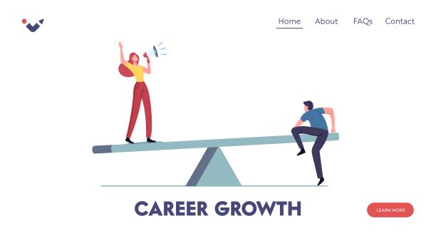 平衡在工作，价值平等和比较登陆页面模板。在巨大的跷跷板上平衡的小角色图片下载