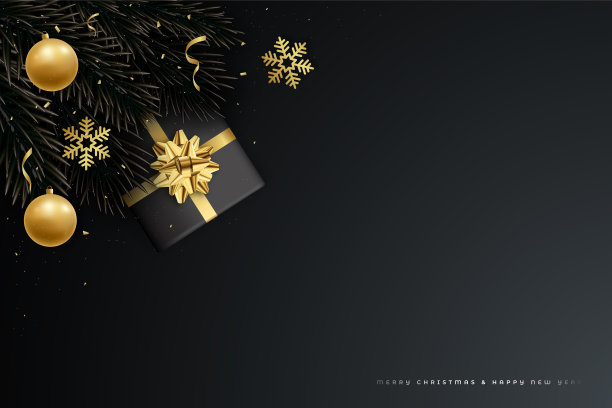 圣诞快乐和新年快乐矢量横幅。极简主义模板与冷杉树枝，豪华的金色装饰和文字空间。图片下载