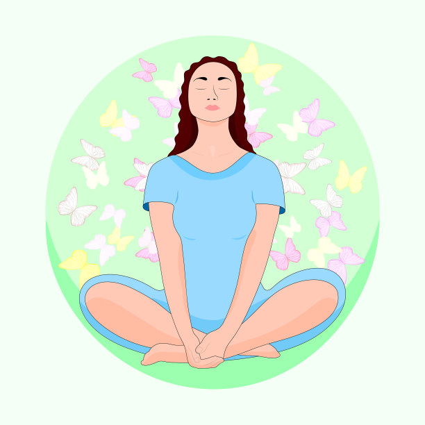 女人在大自然和树叶中冥想。概念说明瑜伽，冥想，放松，娱乐，健康的生活方式。矢量插图在平面卡通风格图片下载