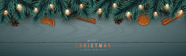 节日横幅与现实的云杉花环木制背景。圣诞节的边界有冷杉树枝，灯和松果。矢量插图。图片下载