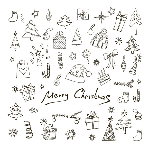 可爱的手绘圣诞图标。涂鸦风格的装饰图片下载