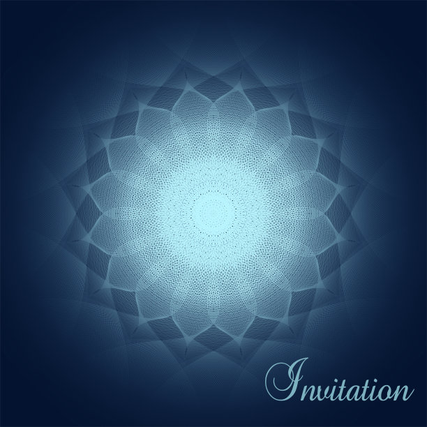 发光的曼荼罗在深蓝色的背景上。优雅的邀请与小插图。矢量抽象线条艺术图案。时尚设计的贺卡，代金券，书籍封面，小册子。EPS10插图图片下载